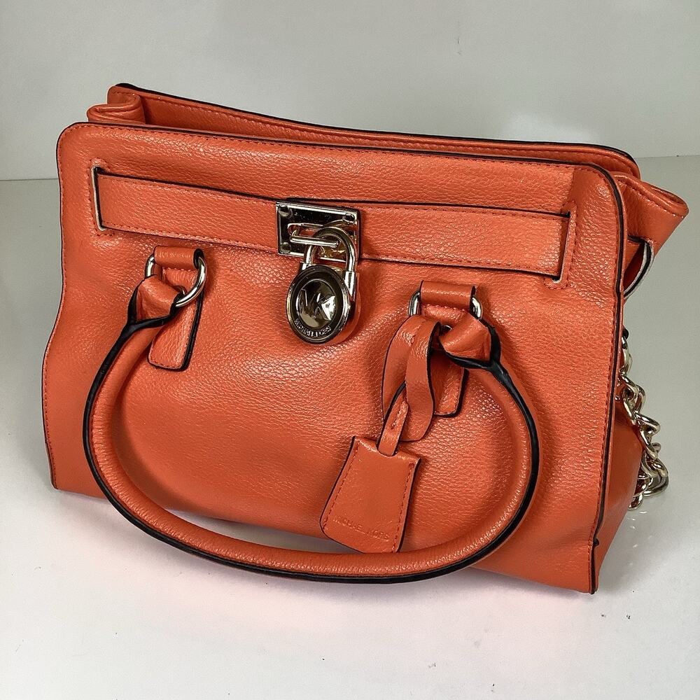 Michael Kors Hamilton Legacy Large Belted Satchel Orange Leather Bag